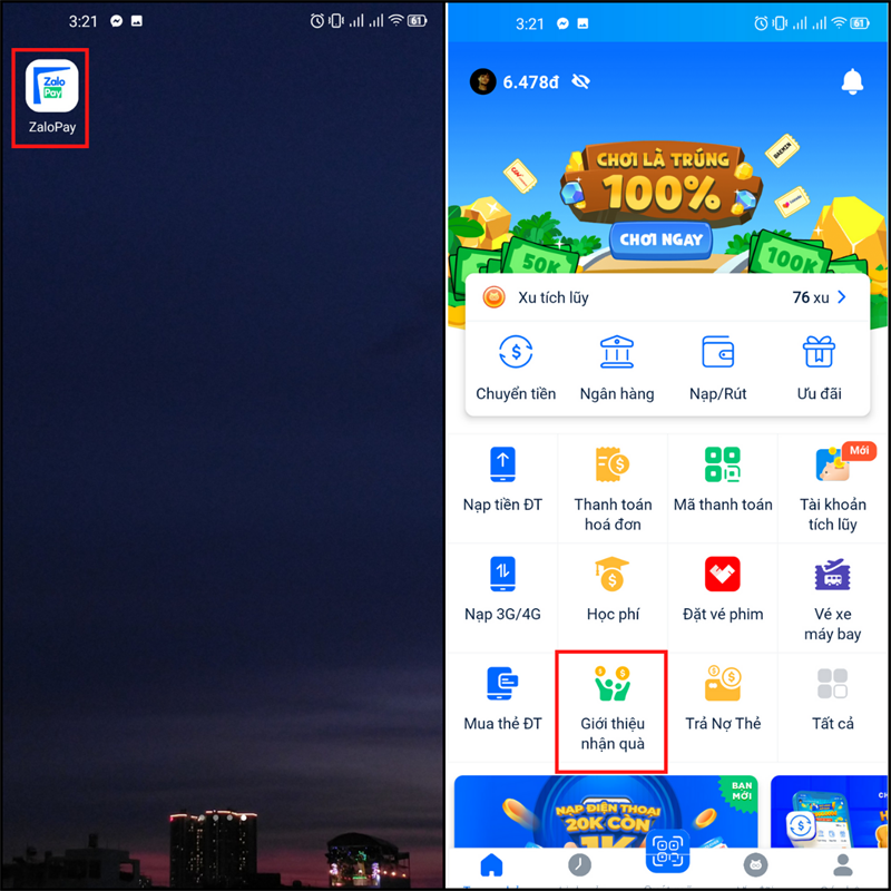 Truy cập vào ứng dụng ZaloPay và nhấn chọn vào mục Giới thiệu nhận quà