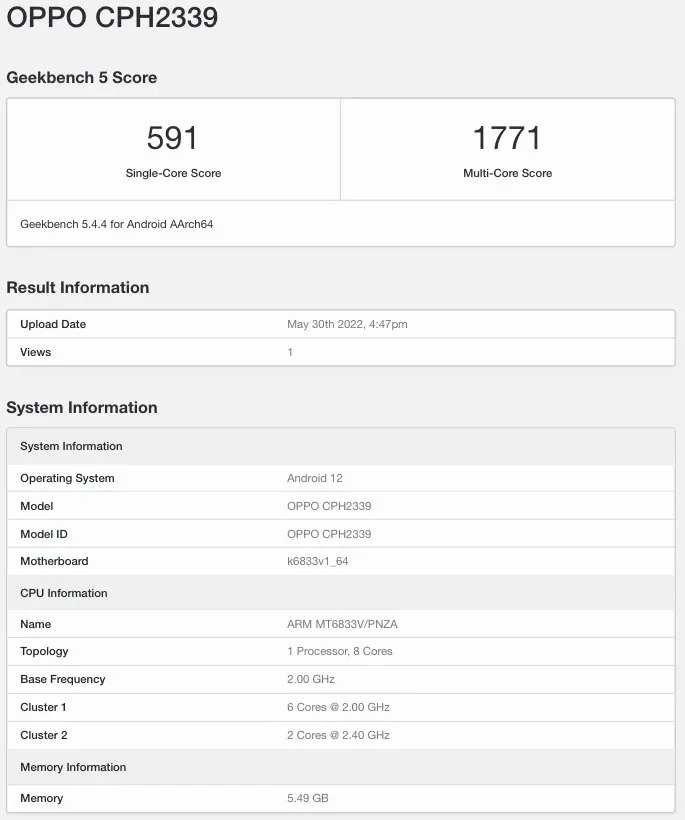 OPPO A77 5G chạy Dimensity 810 lộ điểm hiệu năng trên Geekbench