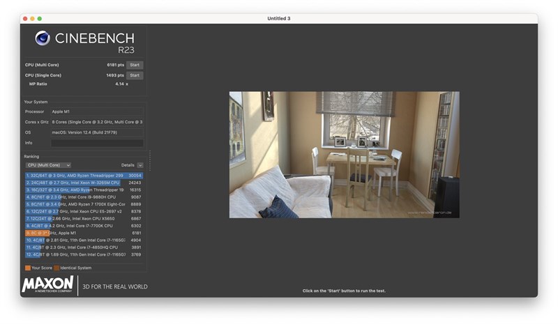 Kết quả bài test bằng phần mềm Cinebench R23 trên Macbook Air M1 Kết quả bài test bằng phần mềm Cinebench R23 trên Macbook Air M1