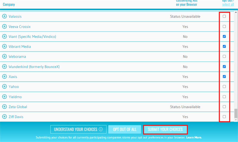 Tích chọn trang web quảng cáo mà bạn muốn chặn và ấn nút SUBMIT YOUR CHOICES Tích chọn trang web quảng cáo mà bạn muốn chặn và ấn nút SUBMIT YOUR CHOICES