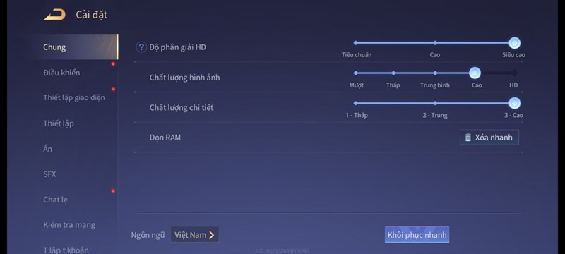 Thiết lập đồ hoạ tựa game Liên Quân Mobile mình chỉnh để test pin Galaxy M51