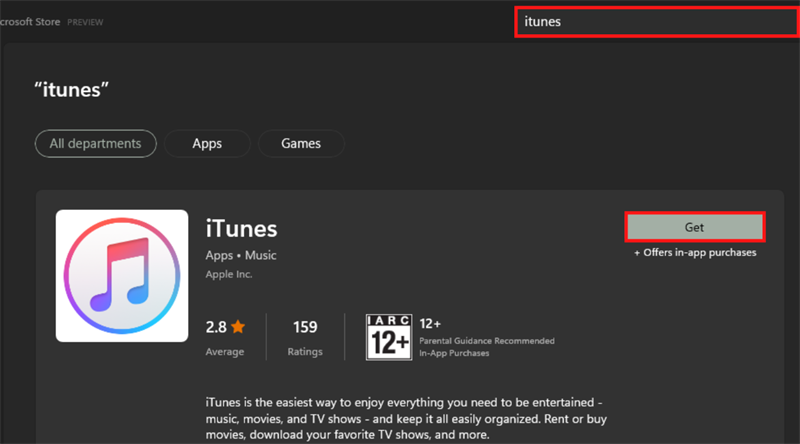 Tìm kiếm ứng dụng itunes. Nhấn vào nút Get để tải về iTunes