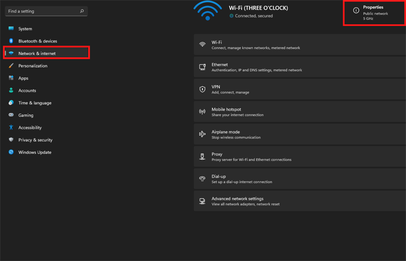 Nhấn tổ hợp phím Windows + I để mở phần Settings lên. Chọn vào Network & internet > Properties.