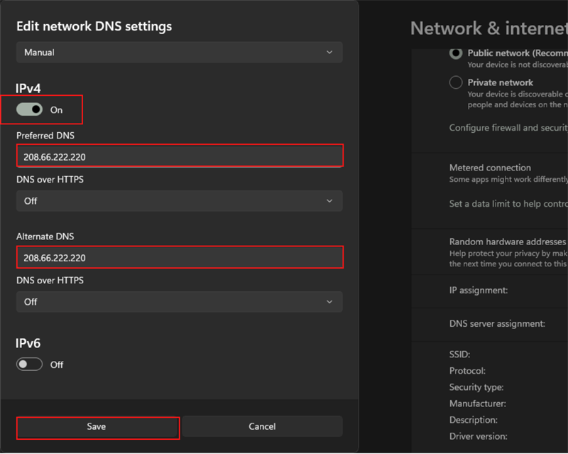 Bật On IPv4 lên, điền vào 2 ô Preferred DNS và Alternate DNS địa chỉ 208.66.222.220 và cuối cùng là nhấn Save.