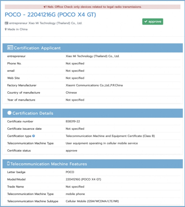 POCO X4 GT (22041216G) đạt chứng nhận NBTC