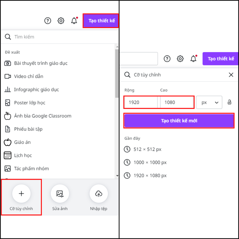Tạo thiết kế > Cỡ tùy chỉnh  Điền vào kích cỡ hình ảnh mà bạn muốn tải về > Tạo thiết kế mới.