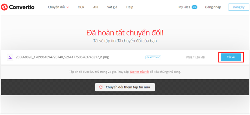 Chờ đợi bức ảnh của bạn chuyển đổi định dạng hoàn tất, nhấn nút Tải về.