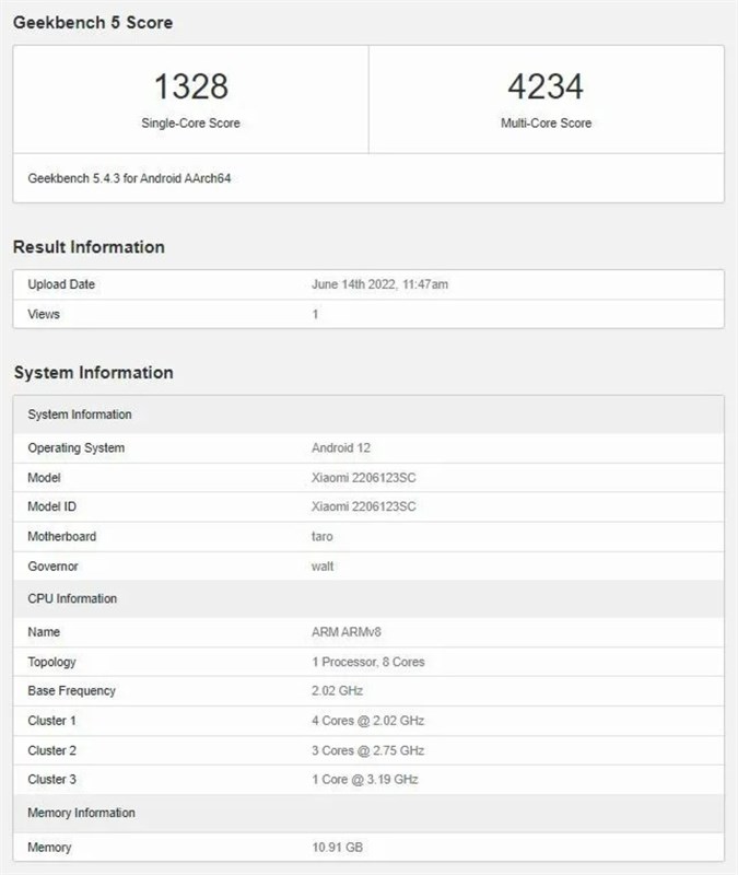 Xiaomi 12S lộ diện trên GeekBench với Snapdragon 8+ Gen 1 và RAM 12GB