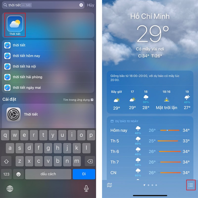 Hướng dẫn cài đặt thông báo thời tiết khi trời mưa trên iPhone