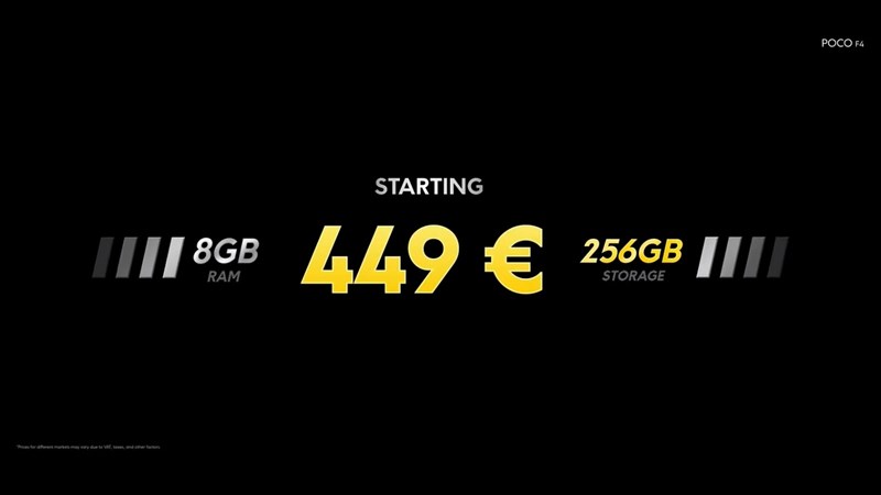 Giá bán của POCO F4 5G phiên bản RAM 8 GB, bộ nhớ trong 256 GB được công bố tại sự kiện