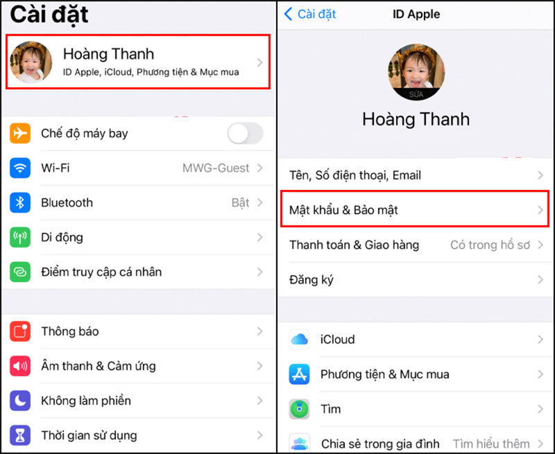 Các bạn truy cập và phần Cài đặt, sao đó nhấn ID Apple của bạn > chọn Mật khẩu & Bảo mật.