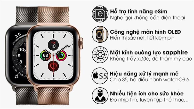 Đồng hồ thông minh Apple Watch S5 LTE với nhiều trang bị cao cấp như viền thép, gọi không cần điện thoại