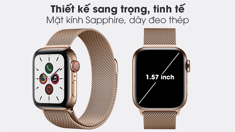 Viền thép trên Apple Watch S5 đem đến một thiết kế sang trọng, cao cấp