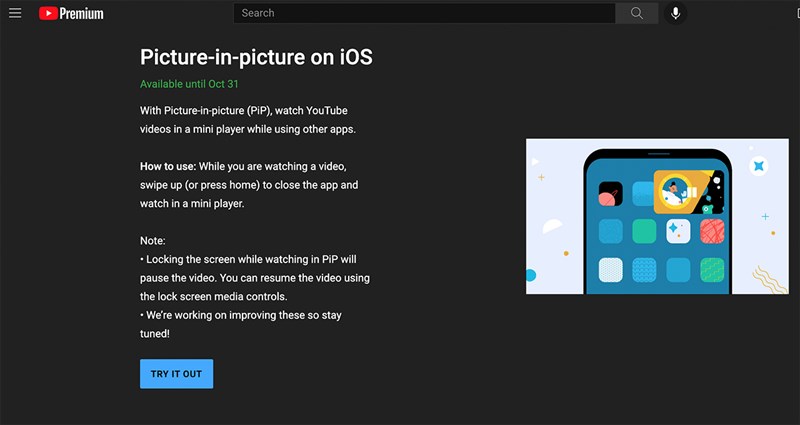Thông báo tính năng Picture-in-Picture của Youtube trên iOS