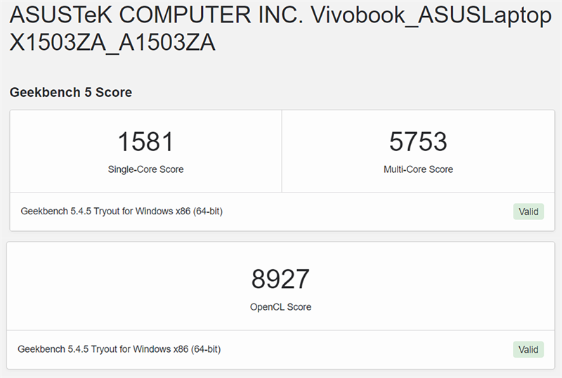 Điểm GeekBench 5 của VivoBook 15X OLED. Điểm GeekBench 5 của VivoBook 15X OLED.
