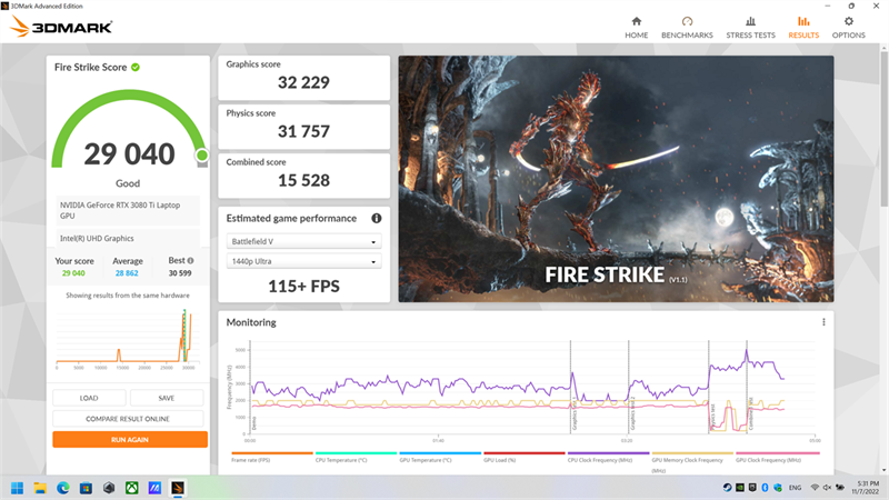 3DMark Fire Strike của ASUS ROG Strix SCAR 17 SE. 3DMark Fire Strike của ASUS ROG Strix SCAR 17 SE.