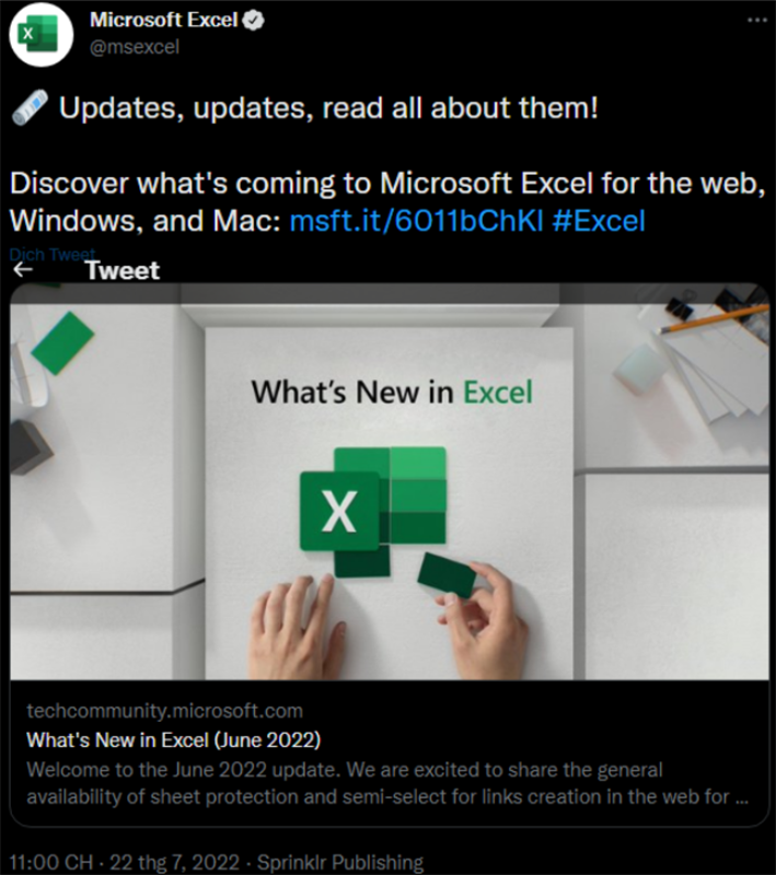 Tweet về phiên bản mới của Excel