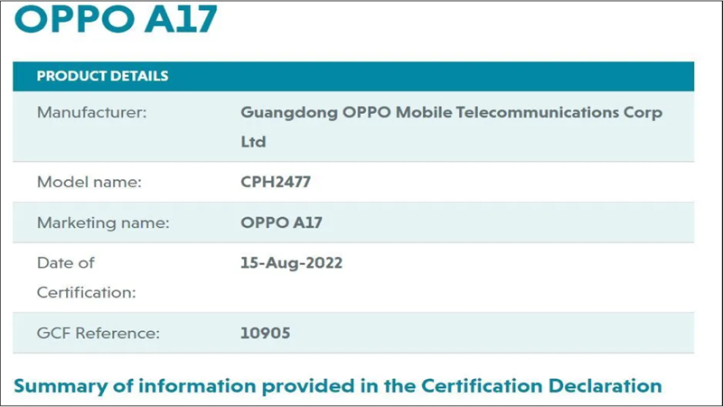 Chứng nhận GCF của OPPO A17 Chứng nhận GCF của OPPO A17