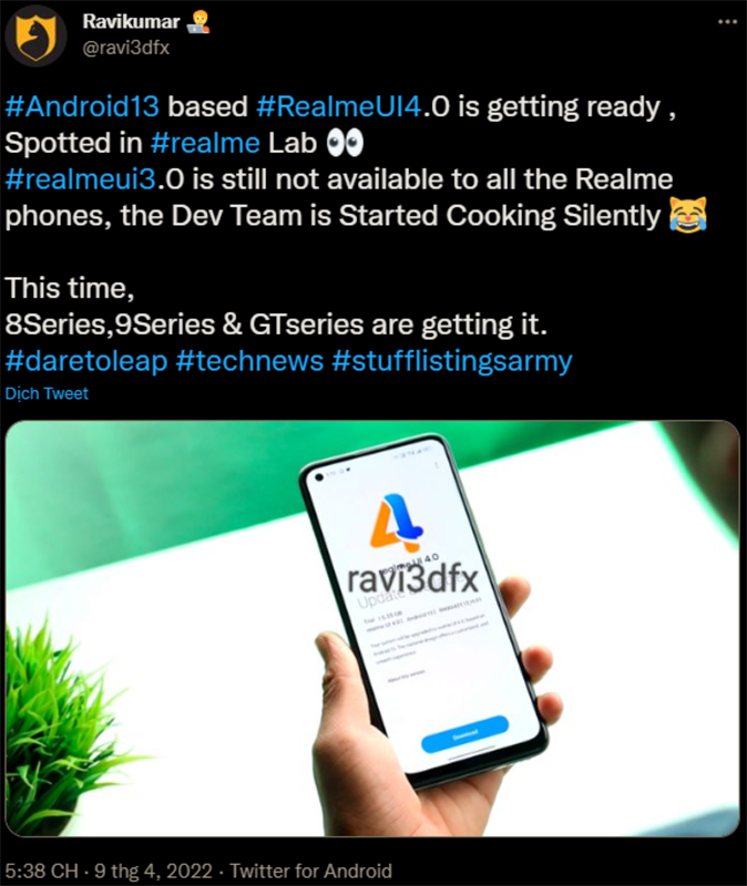 Tweet rò rỉ về Realme UI 4 Tweet rò rỉ về Realme UI 4