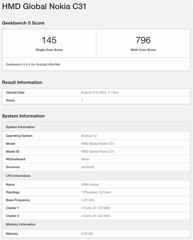 Nokia C31 xuất hiện trên cơ sở dữ liệu Geekbench