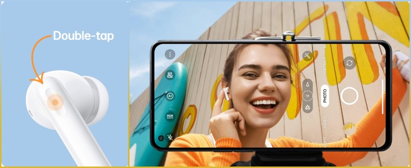 Nhấn đúp vào một trong hai tai nghe để điều khiển chụp ảnh từ xa Nhấn đúp vào một trong hai tai nghe để điều khiển chụp ảnh từ xa