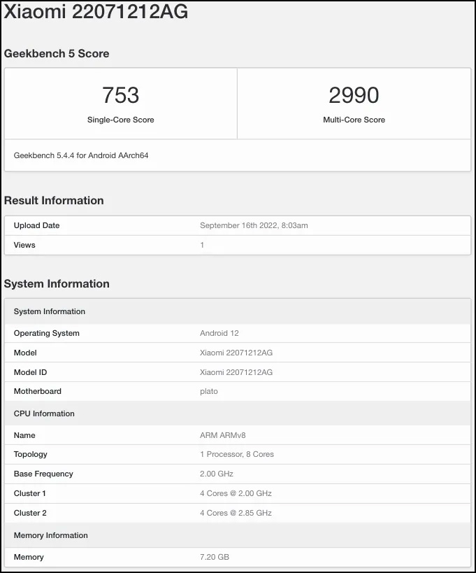 Thông tin rò rỉ của Xiaomi 12T trên Geekbench