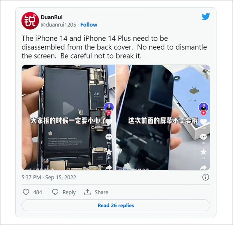 Mặt lưng bằng kính của iPhone 14 và iPhone 14 Plus có thể tháo rời để sửa chữa