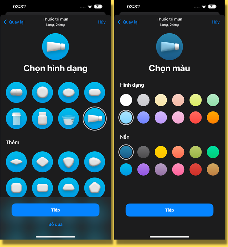 Mình có thể chọn màu và hình dáng cho từng loại thuốc.