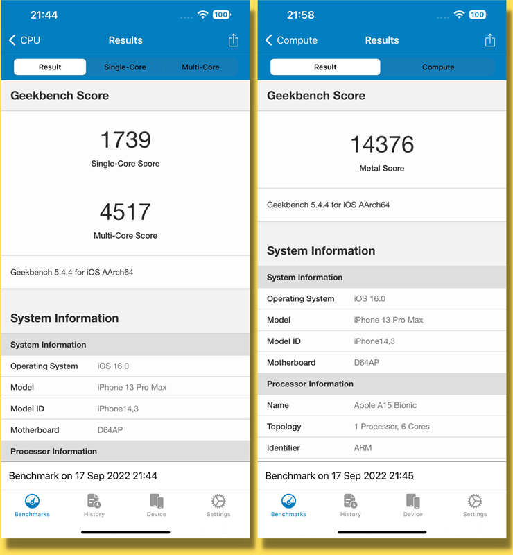 Điểm GeekBench 5 của iPhone 13 Pro Max sau khi cập nhật iOS 16 chính thức.