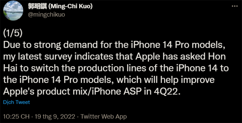 Tweet của ông Ming-Chi Kuo Tweet của ông Ming-Chi Kuo