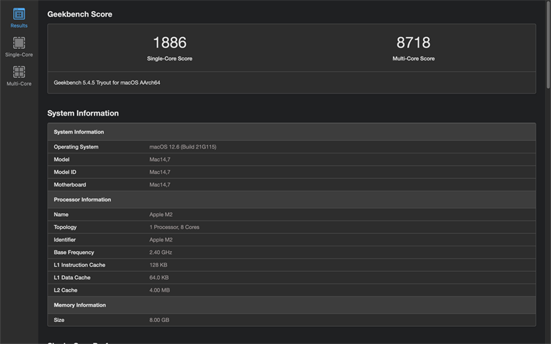 Điểm GeekBench 5 (đơn nhân/đa nhân) của MacBook Pro M2.