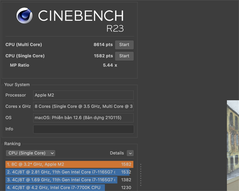 Điểm Cinebench R23 của MacBook Pro M2.