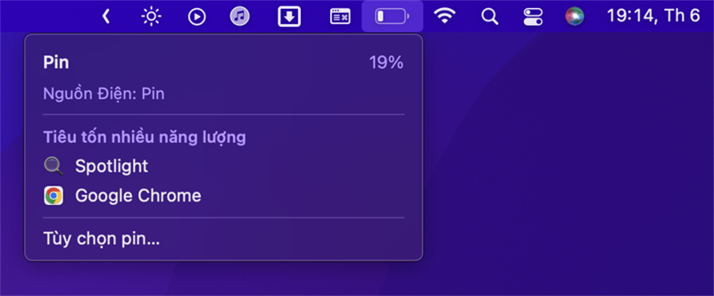 Mình kết thúc một ngày làm việc của mình lúc 19 giờ 14 phút và pin MacBook Pro M2 vẫn còn đến 19%.
