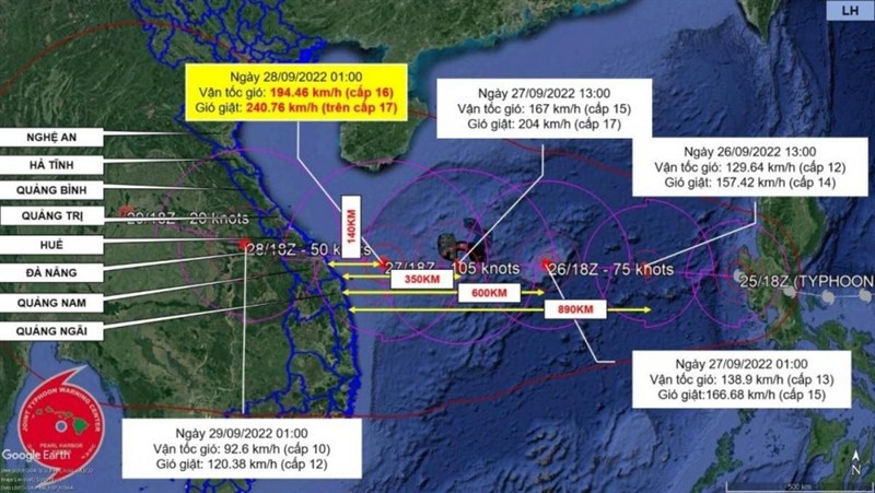 Thông tin dự báo về hướng đi và sức gió của bão Noru trên Zalo “1022 Quảng Nam”.