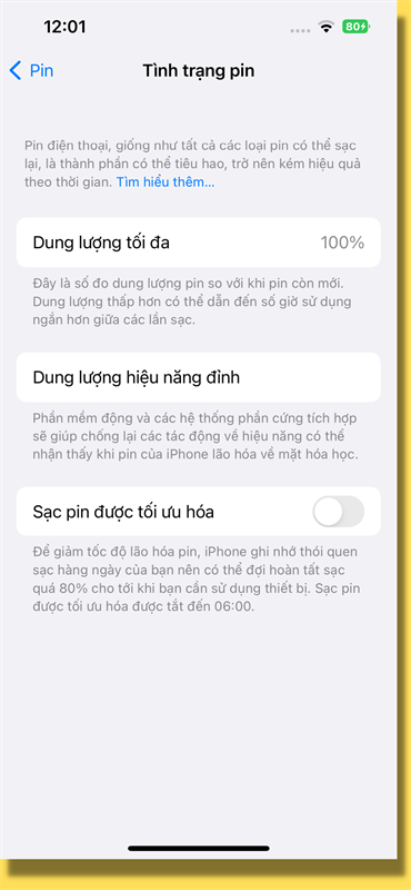 Tình trạng pin iPhone 13 của mình sau 1 năm sử dụng vẫn đạt mức 100%. Tình trạng pin iPhone 13 của mình sau 1 năm sử dụng vẫn đạt mức 100%.