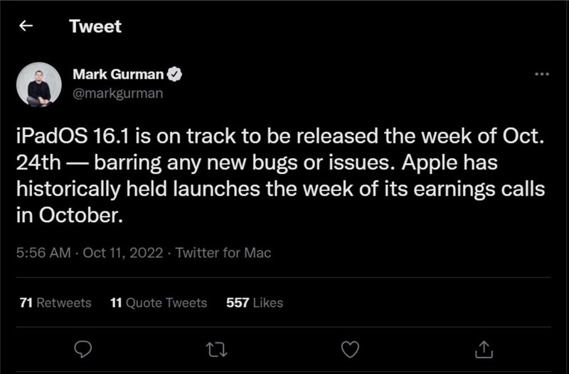 Bài đăng trên Twitter của Gurman nói về phiên bản iPadOS 16 1