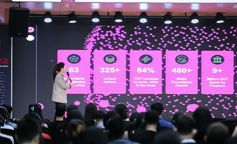 Bà Helena Wang - Giám đốc Parity Technologies khu vực Châu Á - Thái Bình Dương trình bày tổng quan hệ sinh thái Polkadot và chiến lược phát triển tại khu vực trong sự kiện DOTinVietnam