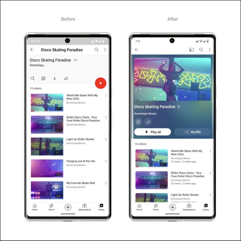Danh sách phát trên di động trước và sau khi YouTube cập nhật