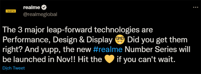 realme trên Twitter cho biết máy sẽ ra mắt vào tháng 11 realme trên Twitter cho biết máy sẽ ra mắt vào tháng 11