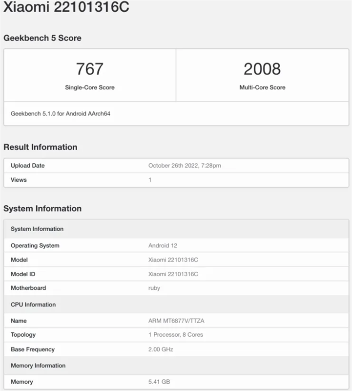 Thông tin về Redmi Note 12 Pro trên GeekBench Thông tin về Redmi Note 12 Pro trên GeekBench