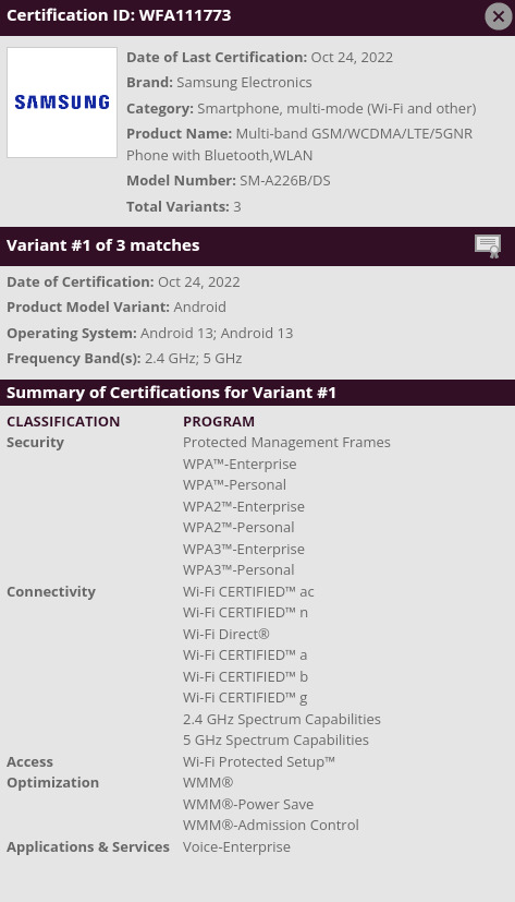 Ảnh chứng nhận cho thấy Galaxy A22 5G chạy Android 13 theo dữ liệu của WFA