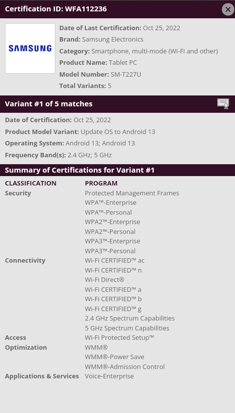 Chứng nhận của WFA về Galaxy Tab A7 chạy Android 13