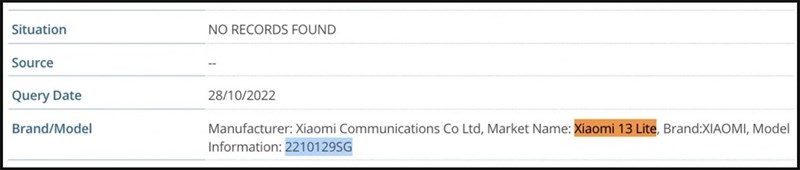Smartphone Xiaomi 13 Lite bị lộ số model