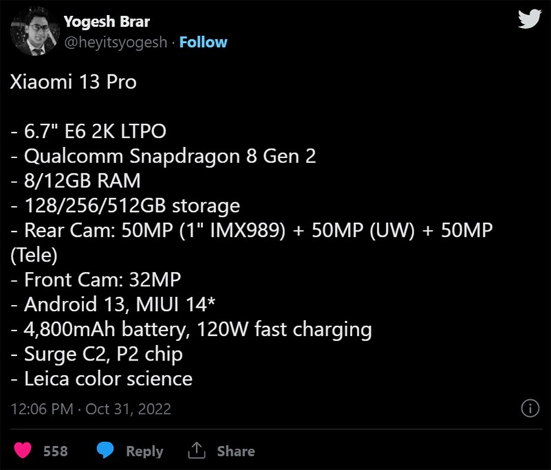 Rò rỉ mới về cấu hình của Xiaomi 13 Pro
