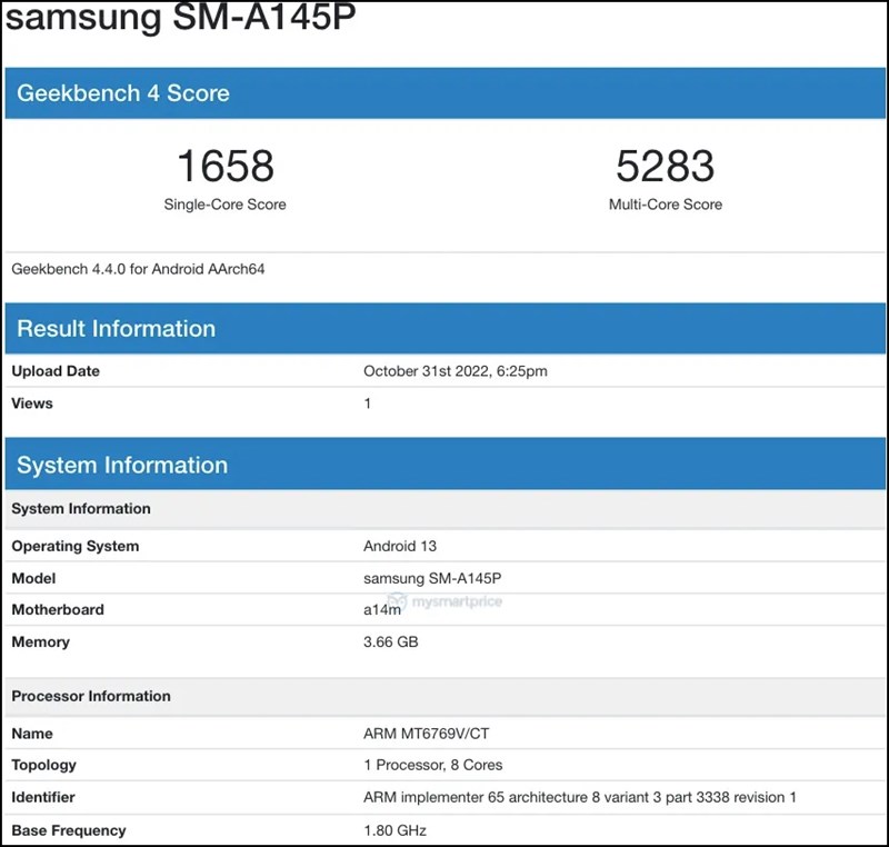 Hình ảnh rò rỉ trên trang Geekbench của Galaxy A14 Hình ảnh rò rỉ trên trang Geekbench của Galaxy A14