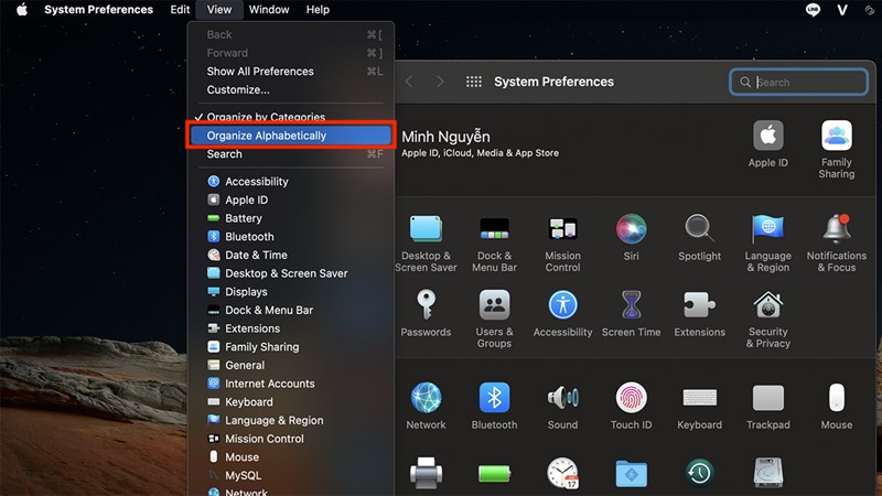 sắp xếp system preferences theo alphab