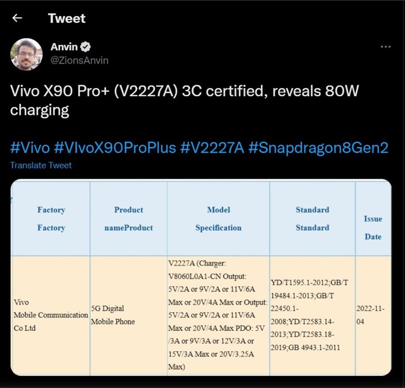 Bài đăng tiết lộ mã máy cũng như công suất sạc được cho là của Vivo X90 Pro+ Bài đăng tiết lộ mã máy cũng như công suất sạc được cho là của Vivo X90 Pro+
