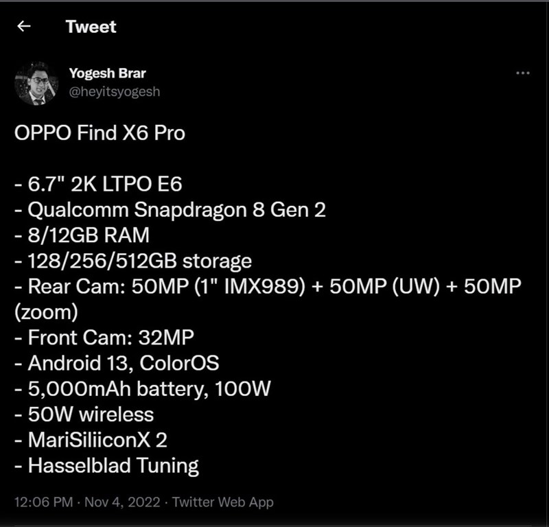 Bài đăng tiết lộ thông số kỹ thuật của OPPO Find X6 Pro của Brar Bài đăng tiết lộ thông số kỹ thuật của OPPO Find X6 Pro của Brar