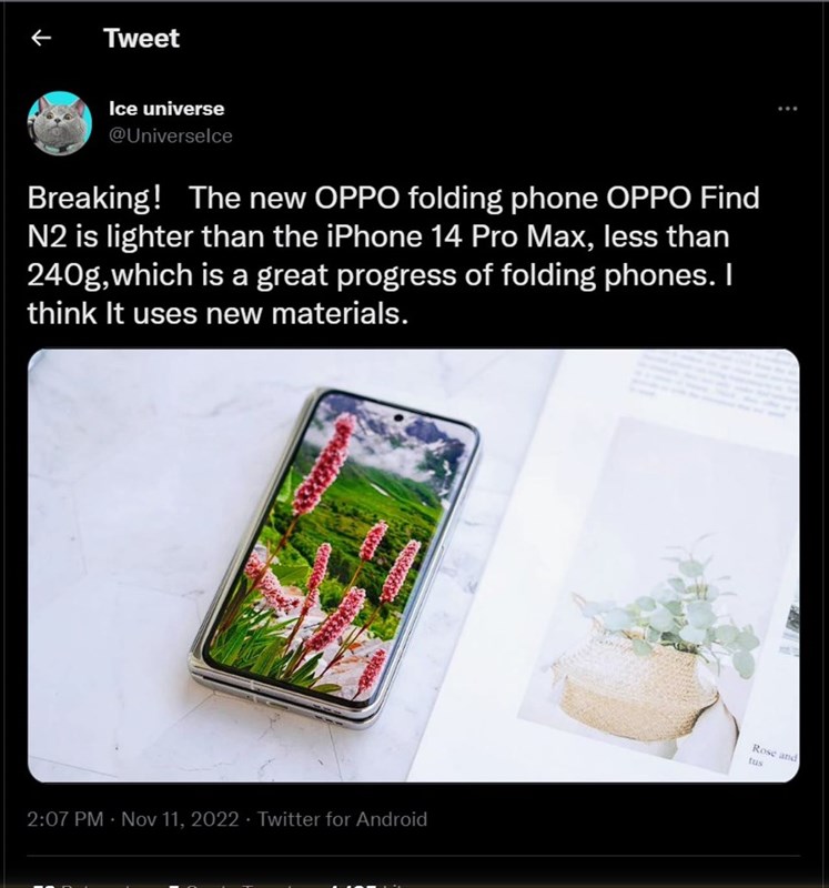 Bài đăng tiết lộ trọng lượng của OPPO Find N2 của Ice Universe Bài đăng tiết lộ trọng lượng của OPPO Find N2 của Ice Universe