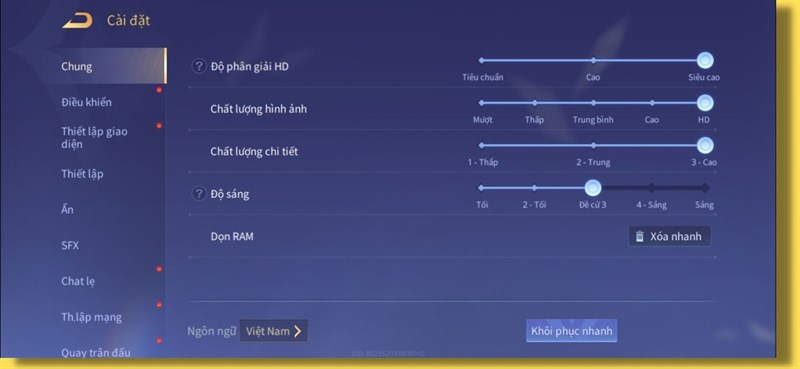 Thiết lập đồ họa trong Liên Quân Mobile mà mình chỉnh để test pin Galaxy S22. Thiết lập đồ họa trong Liên Quân Mobile mà mình chỉnh để test pin Galaxy S22.